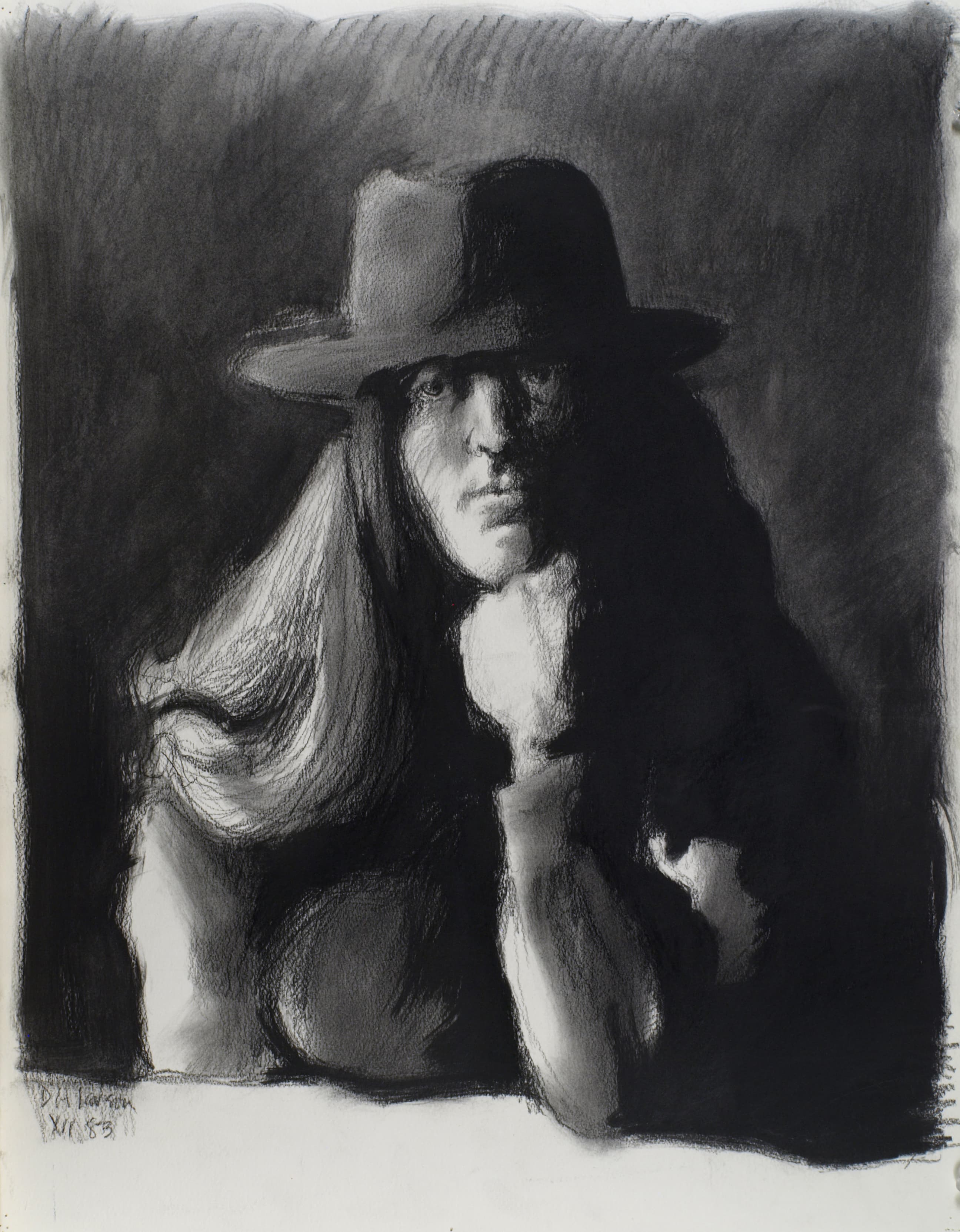 Art with the title "Woman with Hat, Chin on Hand".