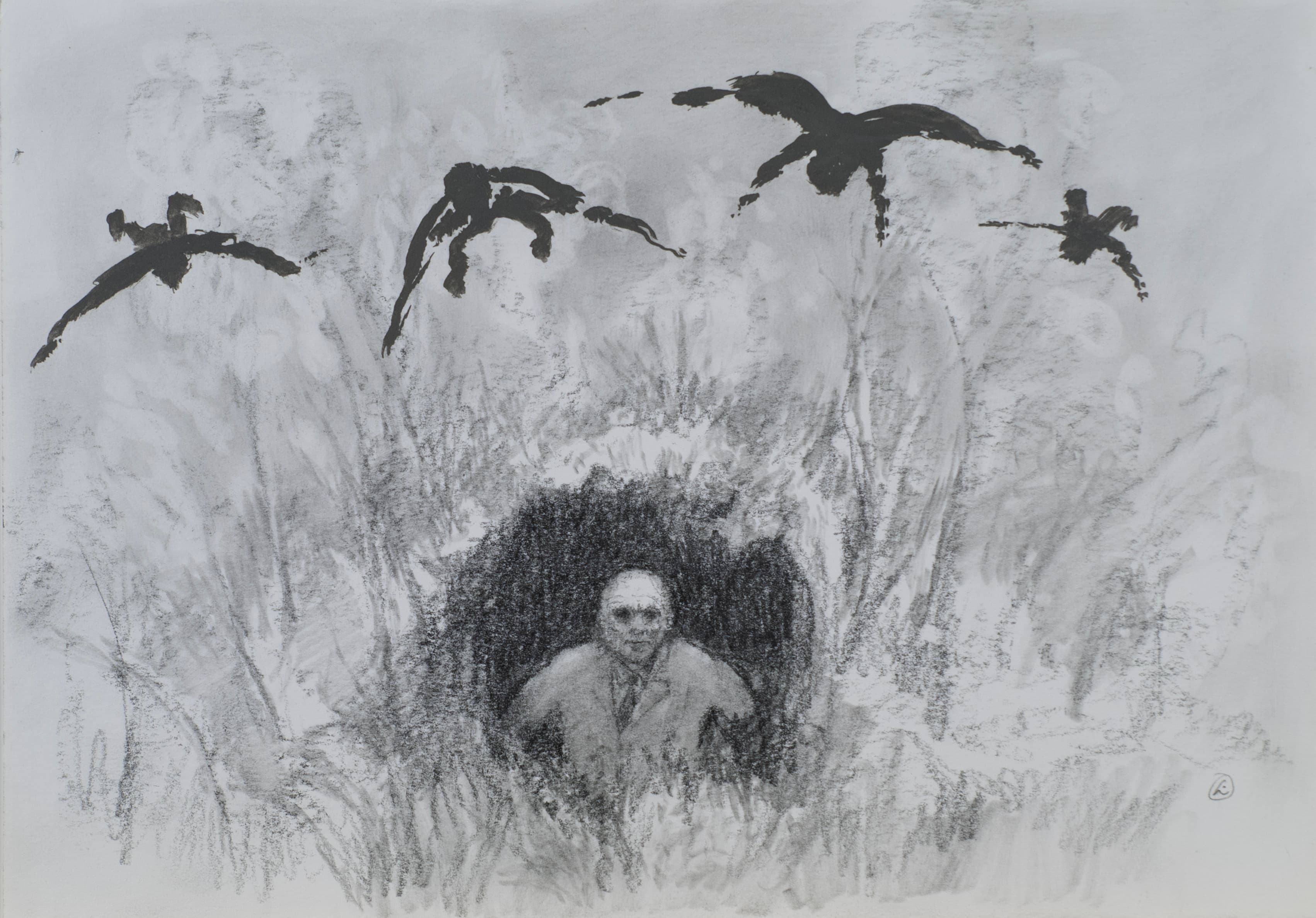 Art with the title "Man Peers Out".