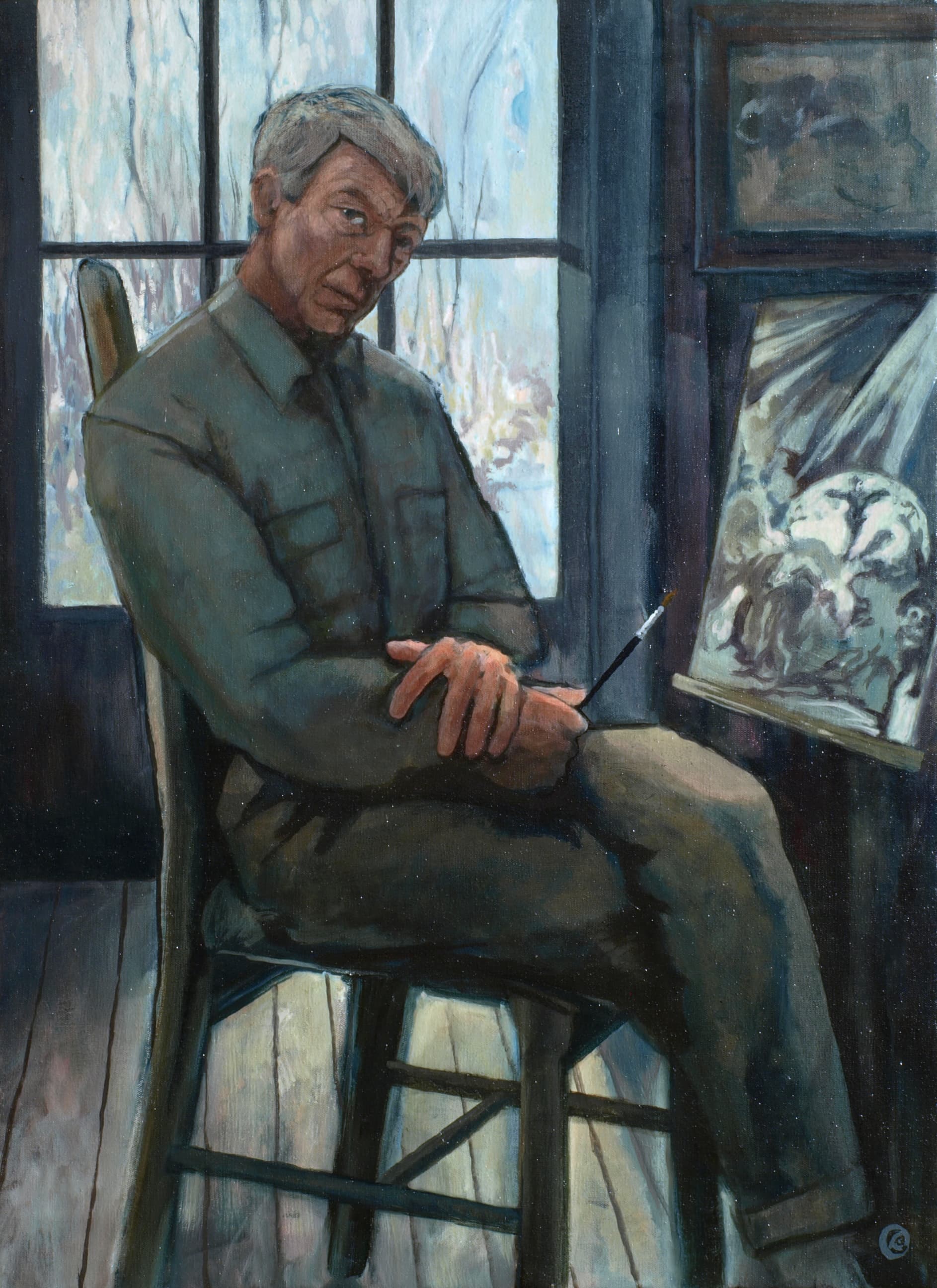 Art with the title "Self Portrait in Chair".