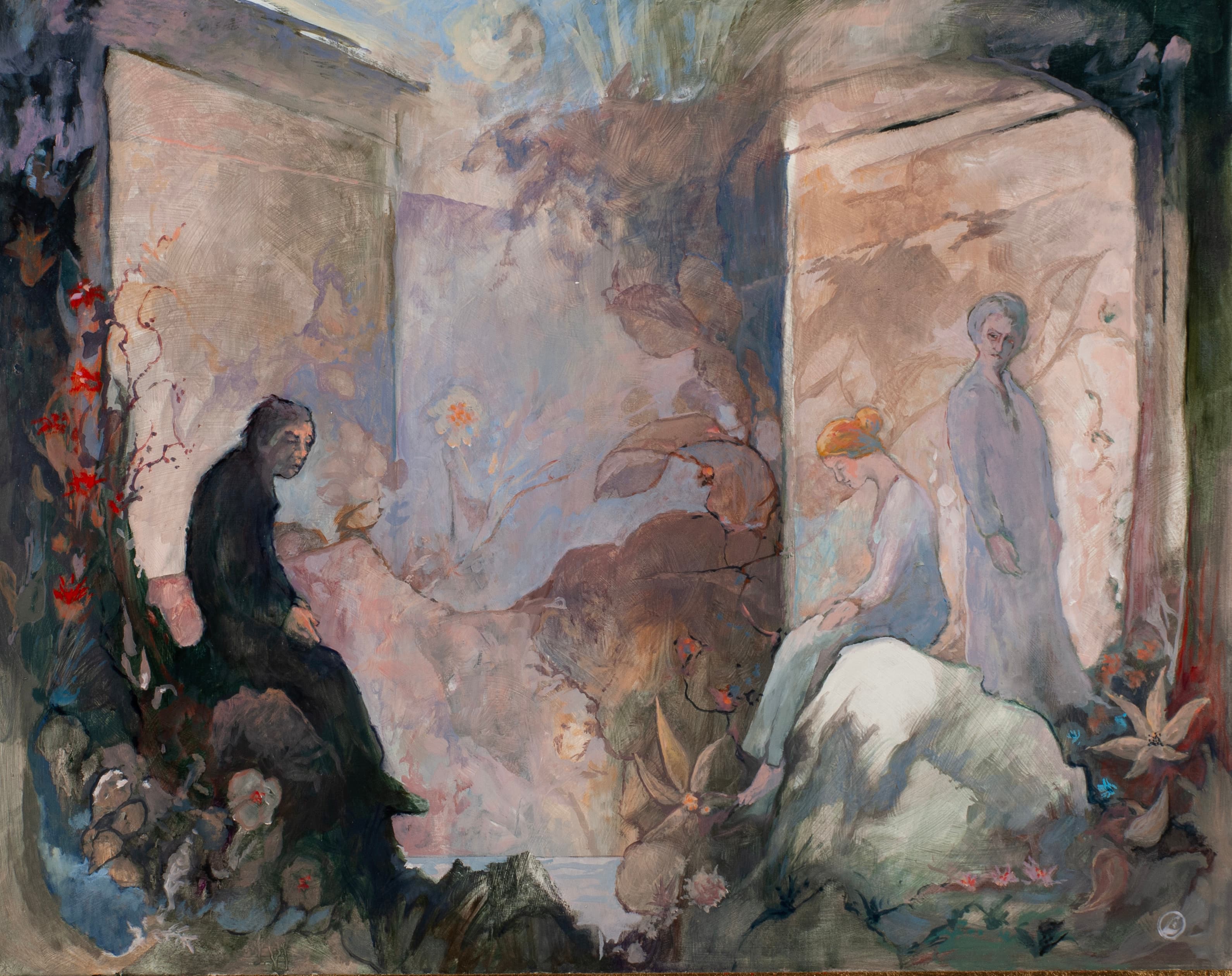 Art with the title "Man with Two Women in Strange Landscape".