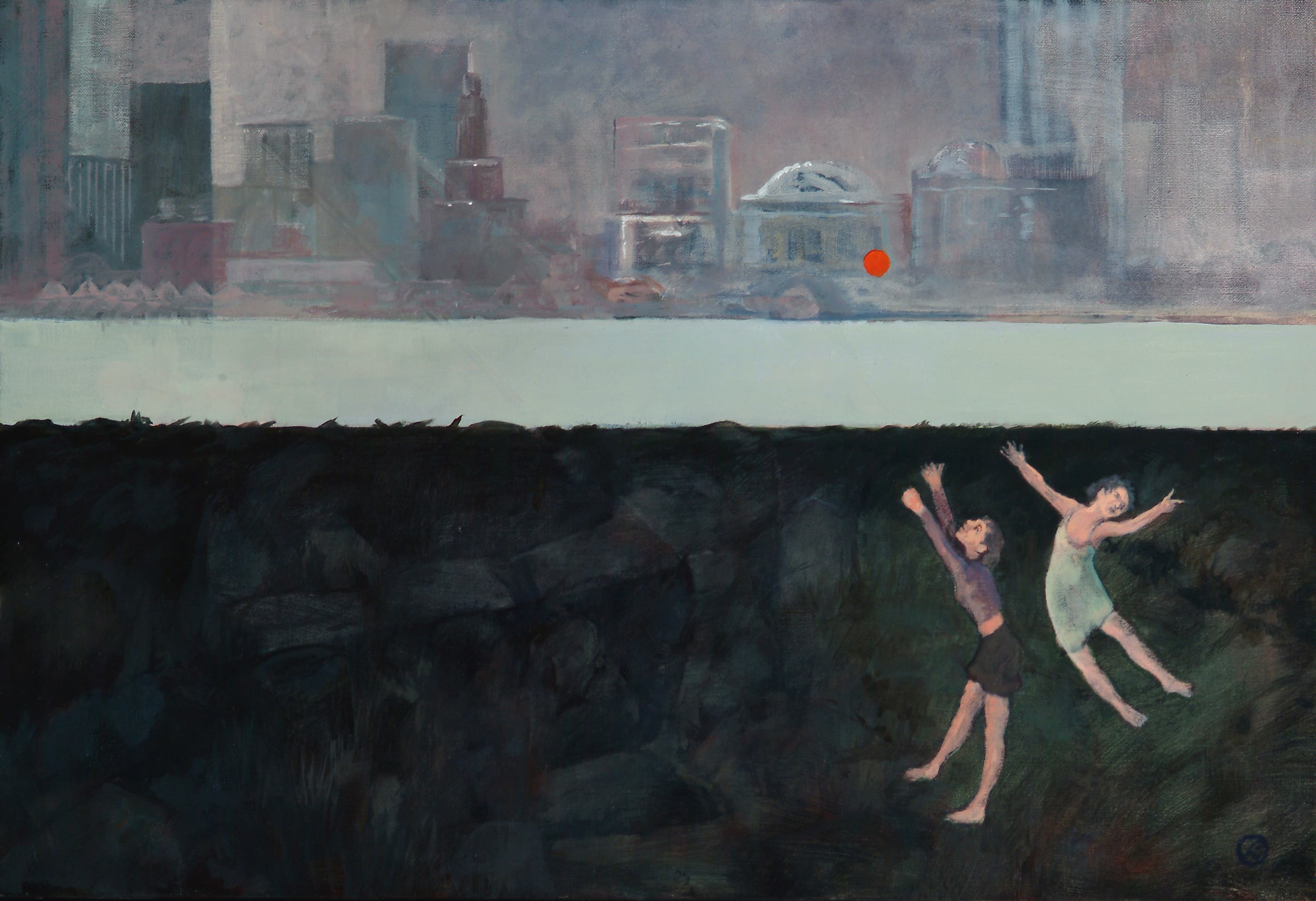 Art with the title "Children Playing with Red Ball".