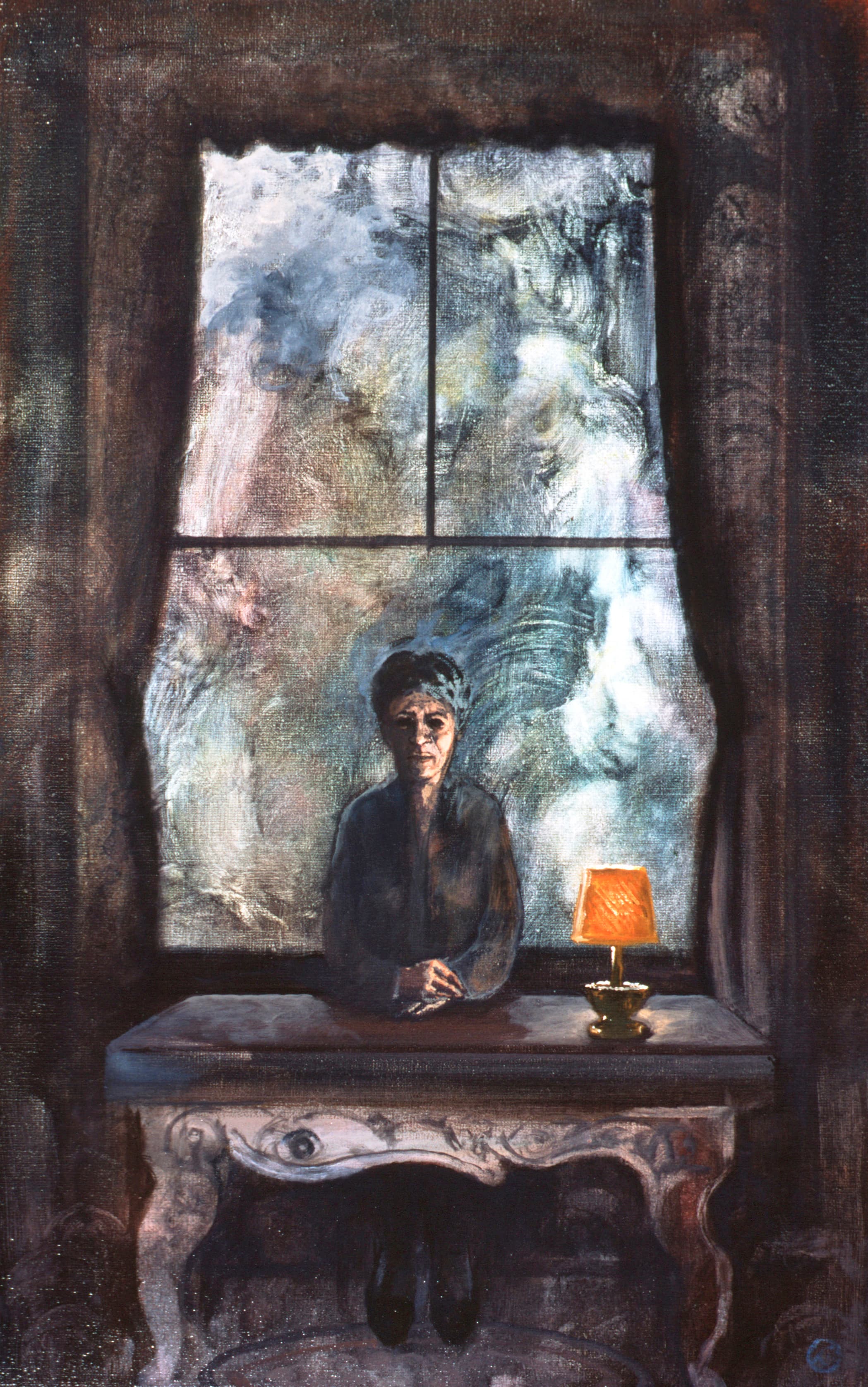 Art with the title "Woman at Desk with Small Lamp".