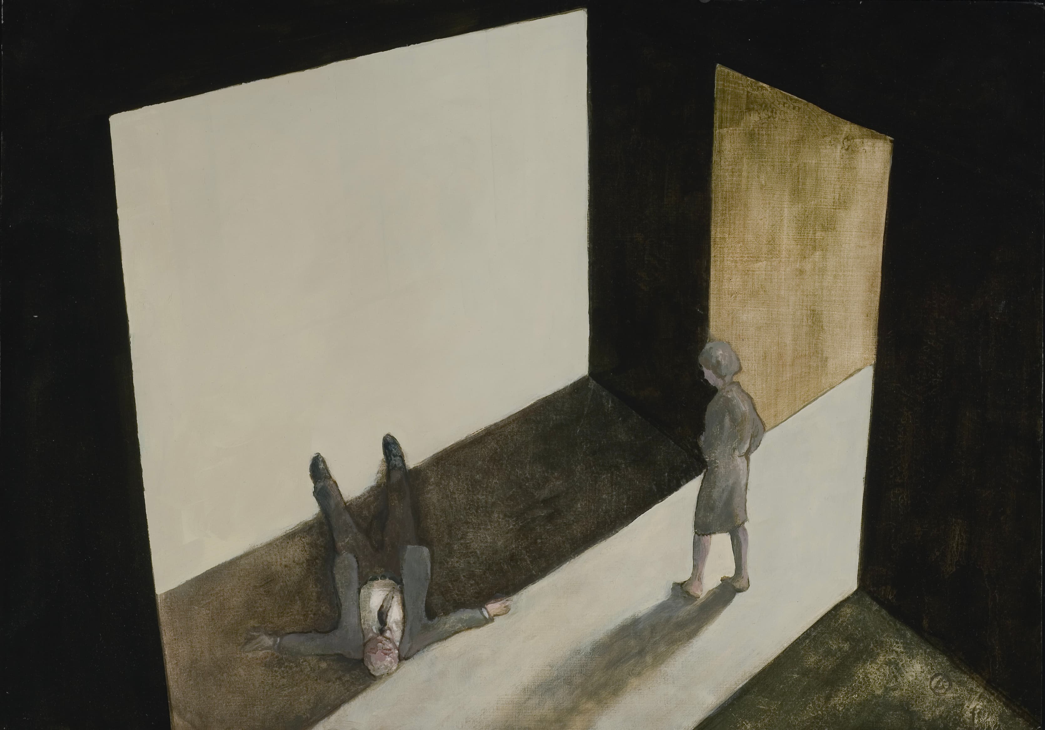 Art with the title "Man on Floor, Woman Looking On".