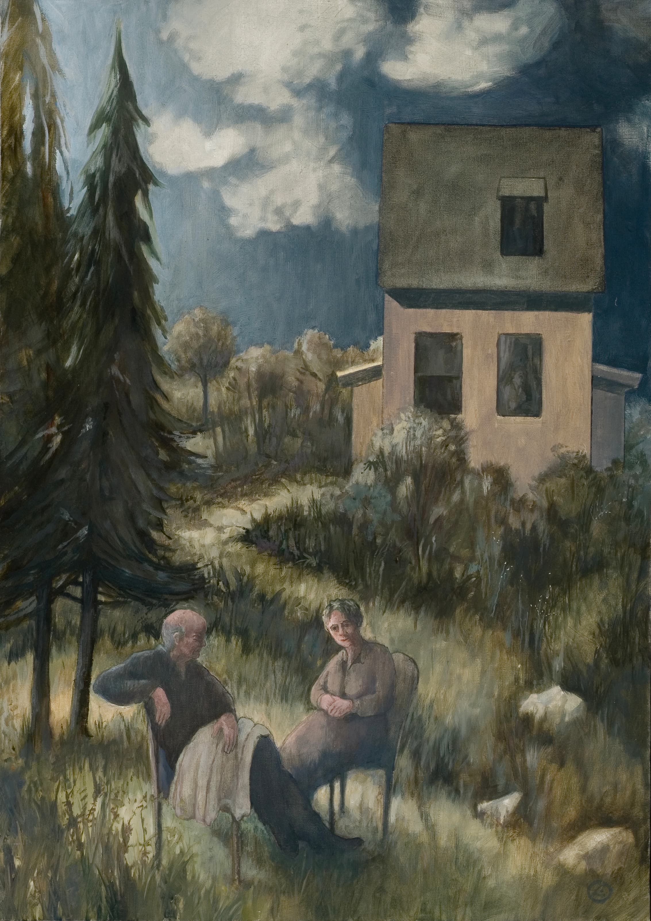 Art with the title "Elderly Couple with House Behind".