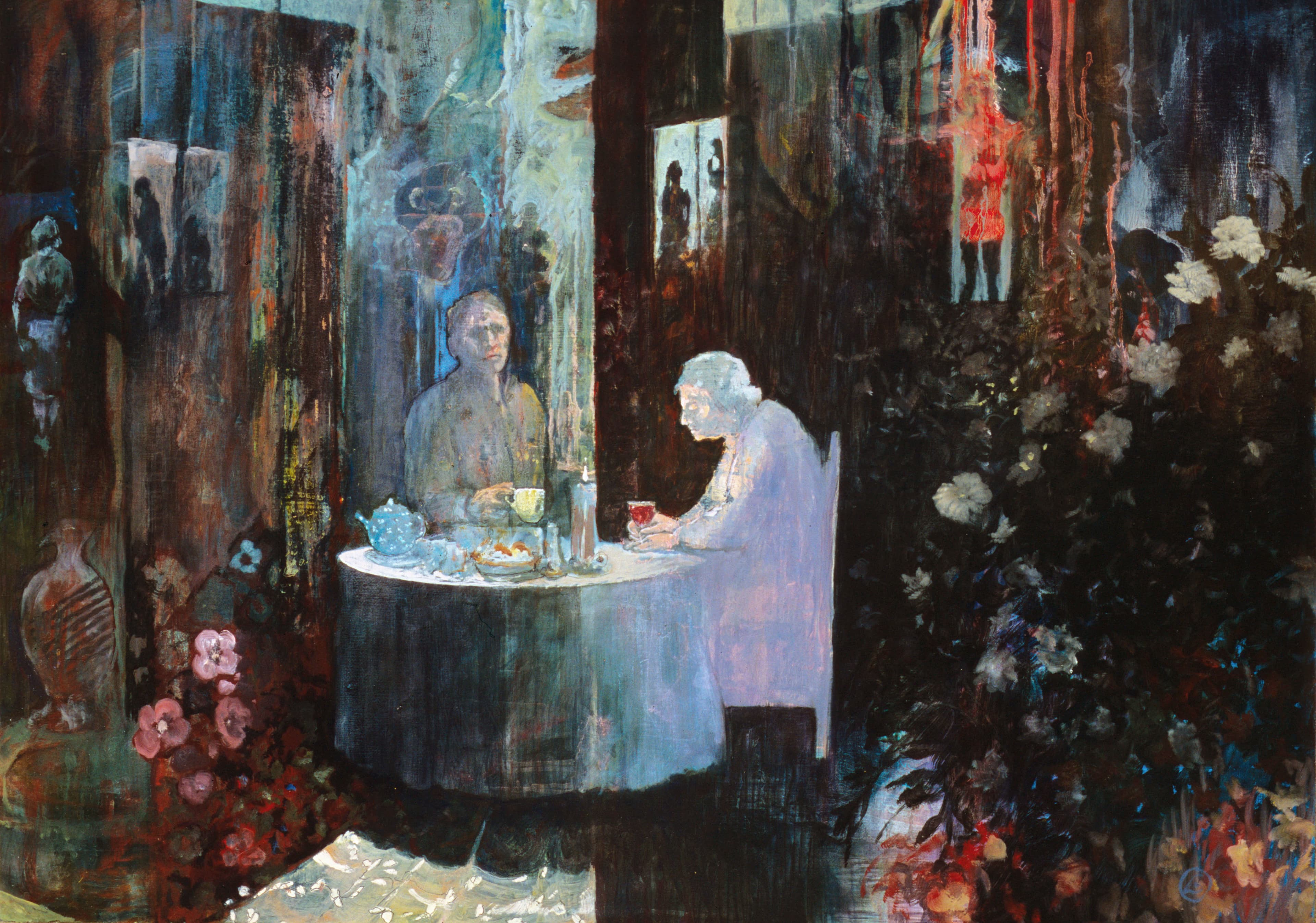 Art with the title "Man and Woman Seated at Table, Surrounded by Experience".