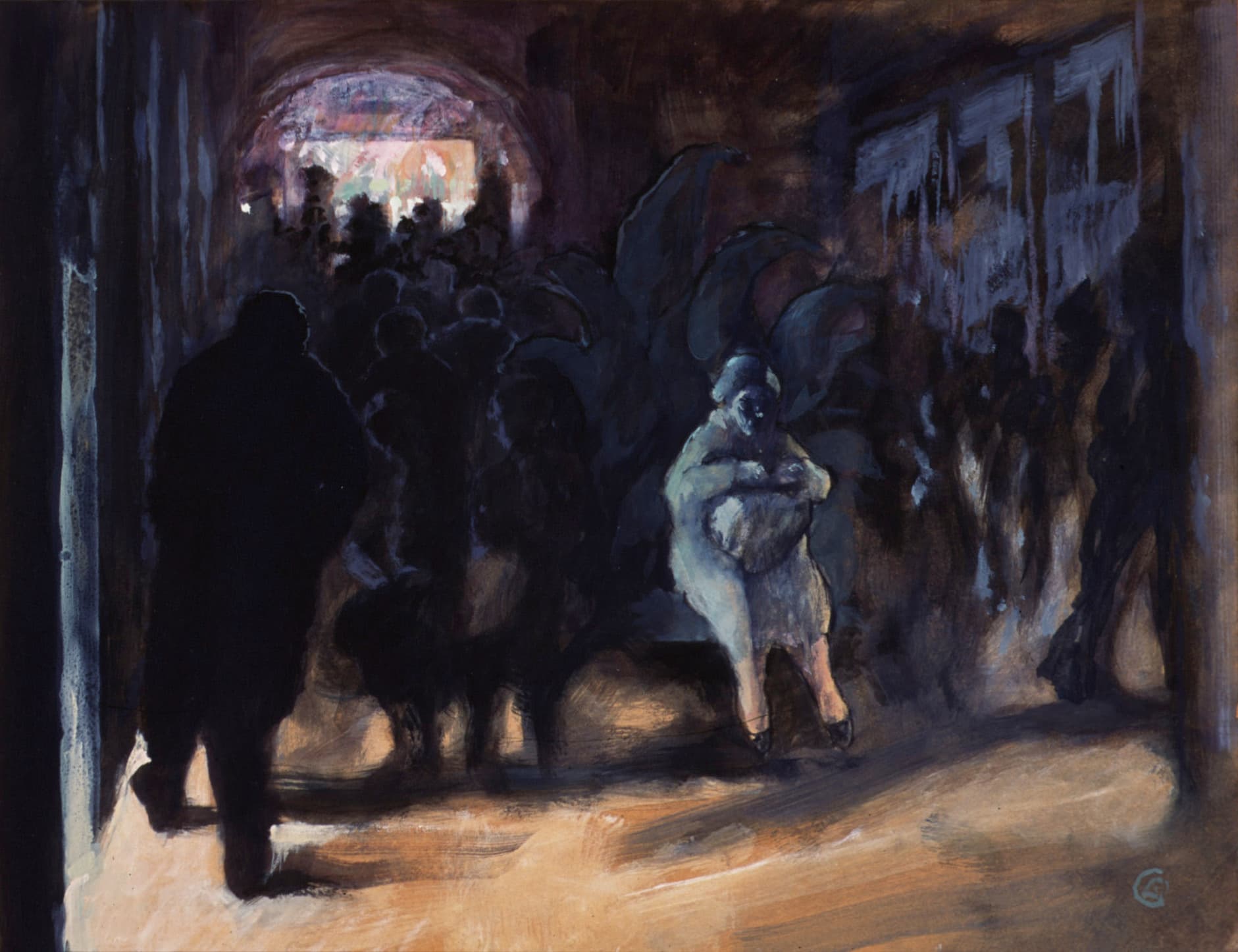 Art with the title "Dark Street, Woman on Bench".