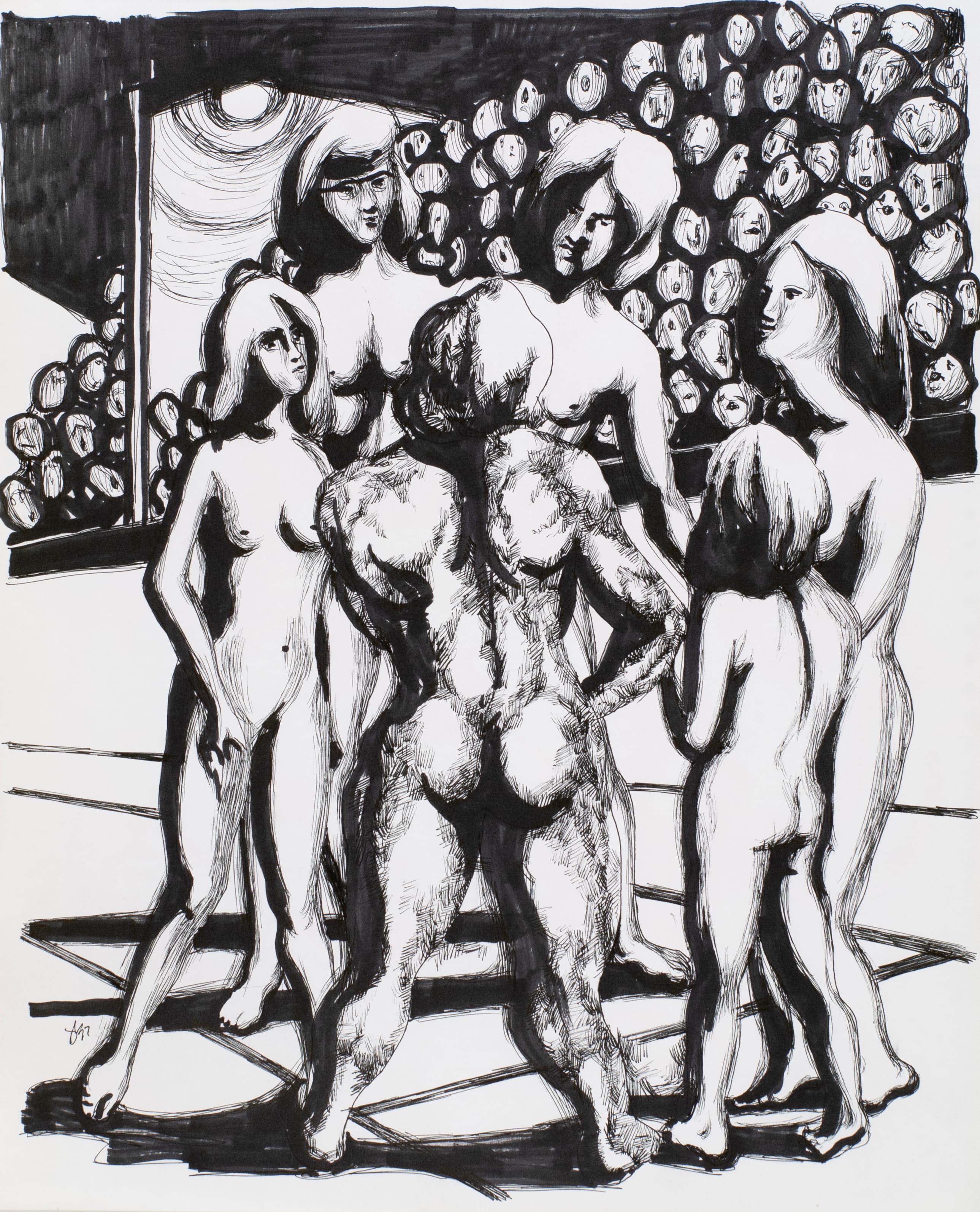 Art with the title "Nude Figures Before a Crowd".