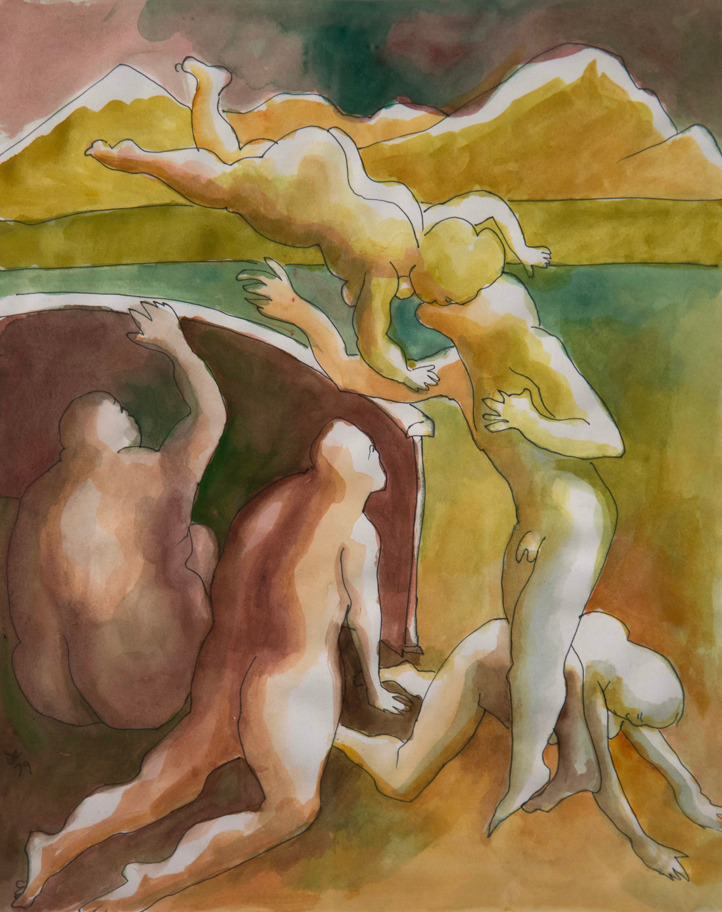 Art with the title "Five Figures with Couple Kissing".