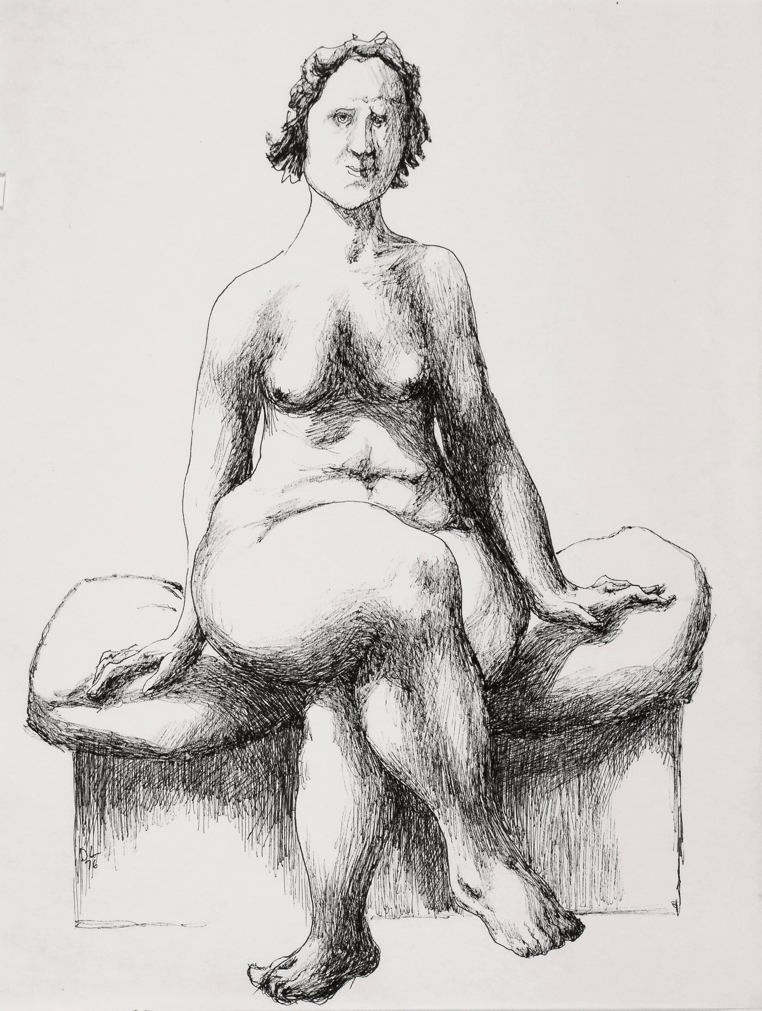 Art with the title "Nude on Bench with Cushions".