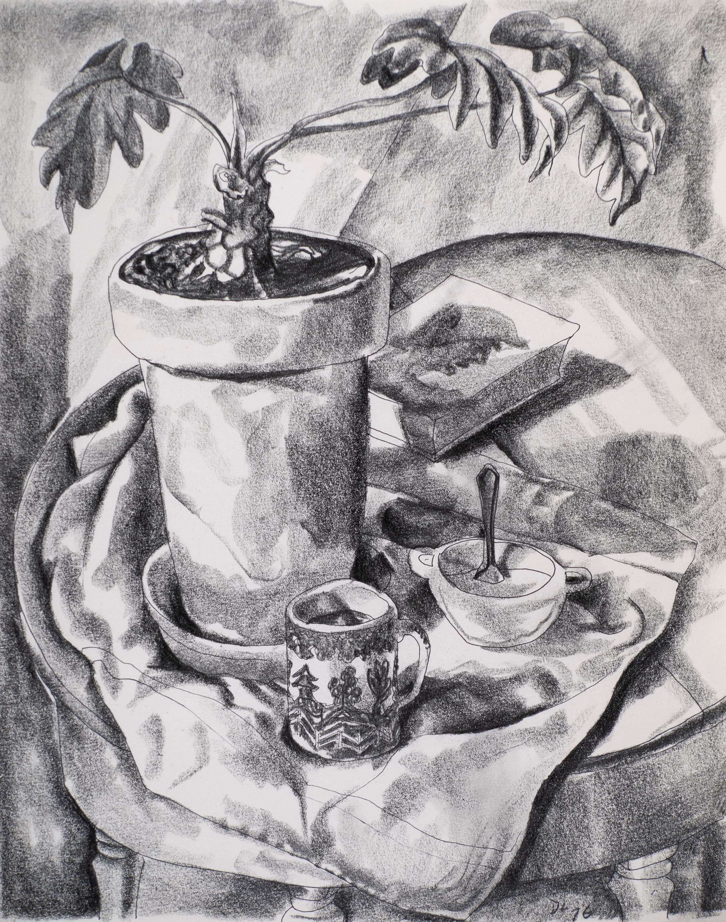 Art with the title "Plant and Dishes on Table".