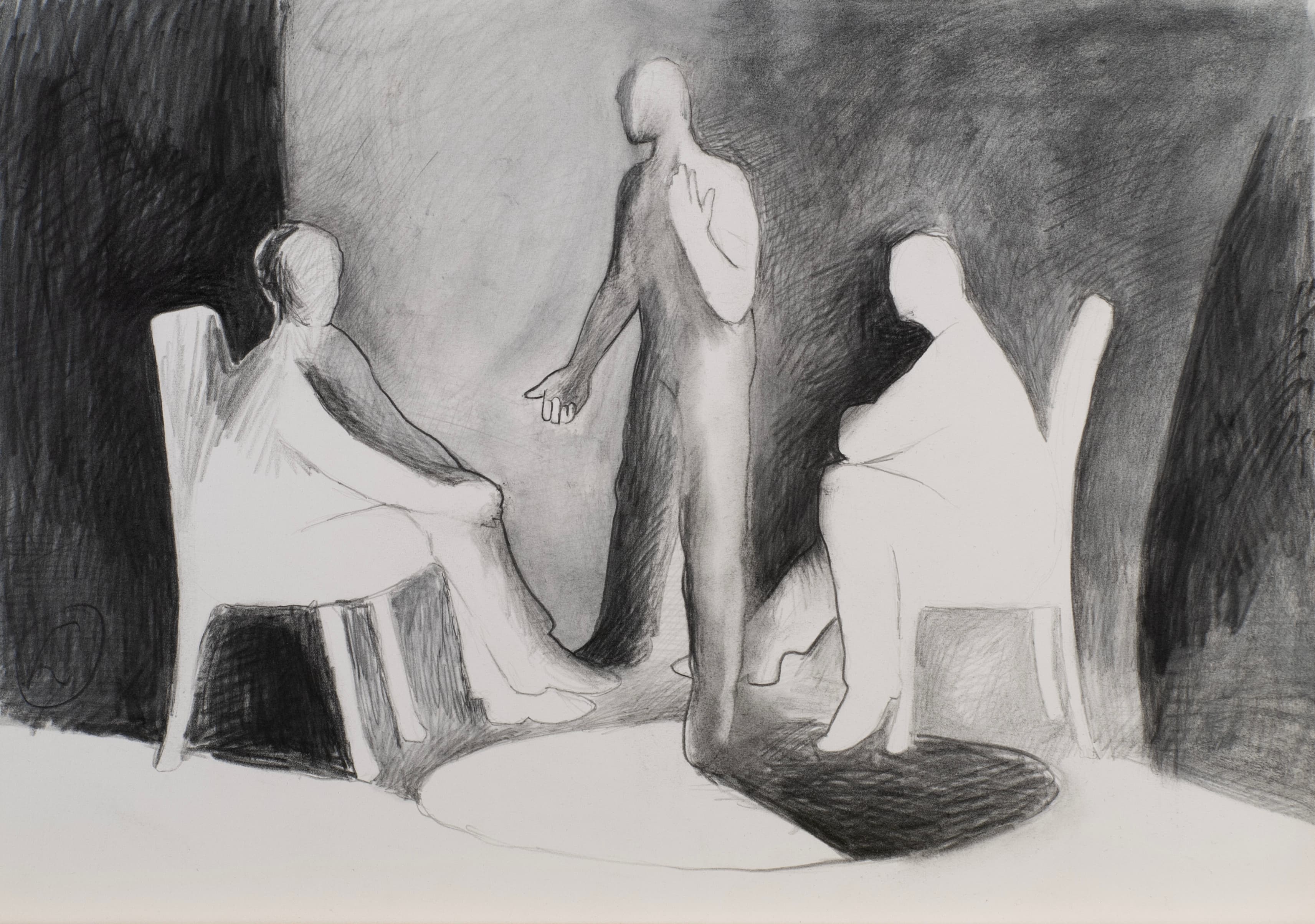 Art with the title "Three Silhouettes, One Standing".