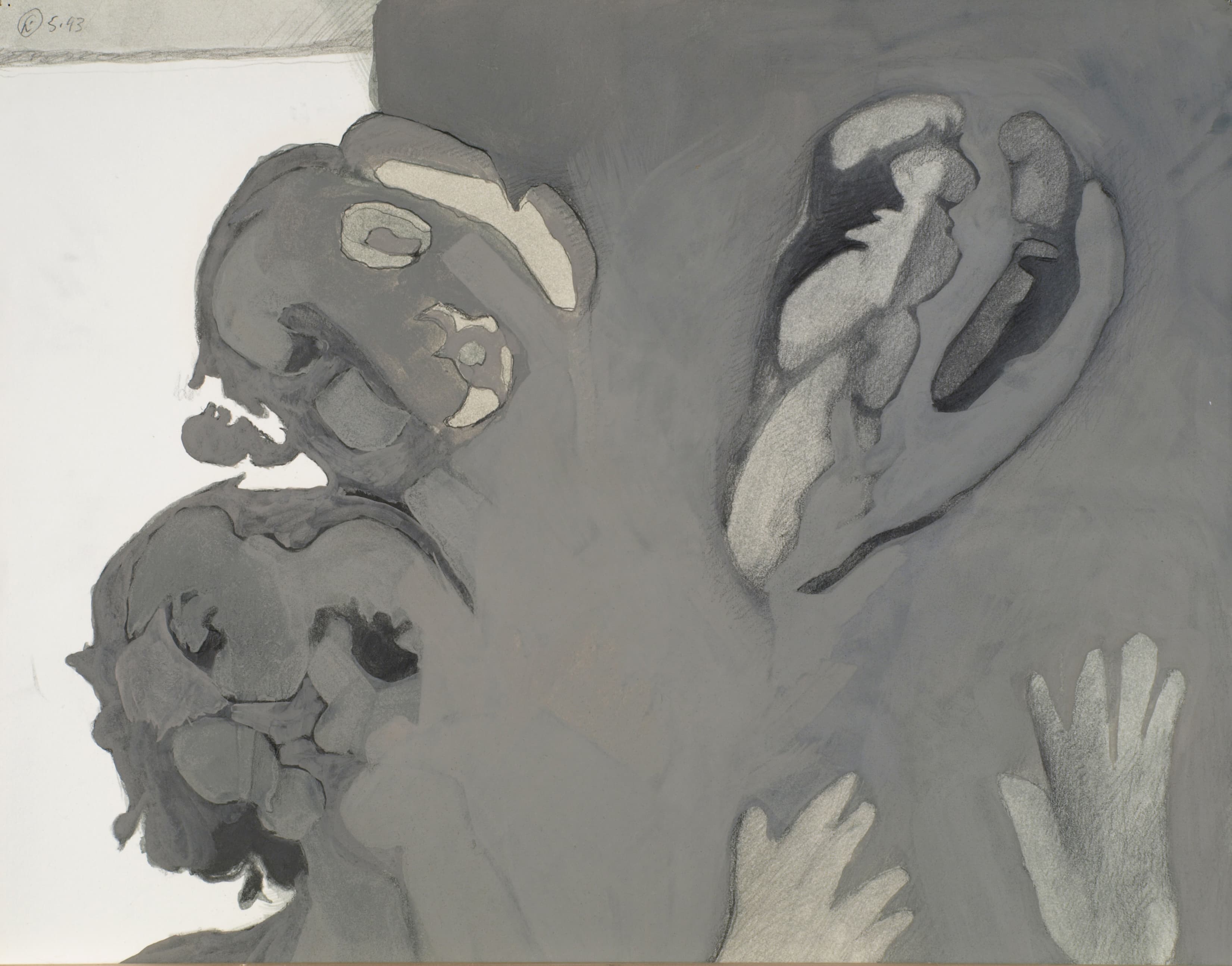 Art with the title "Three Faces on Gray with Hands".