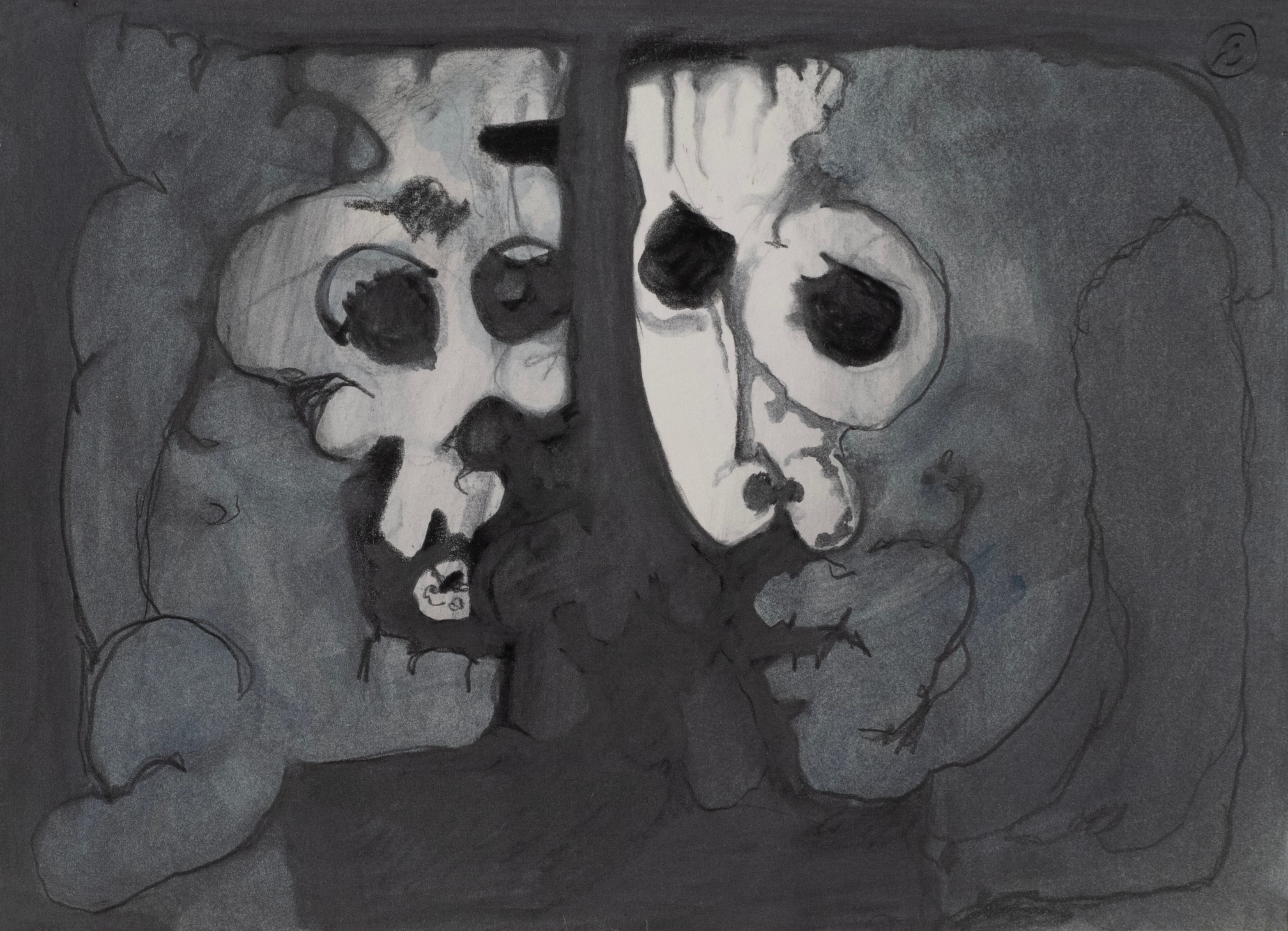 Art with the title "Two Heads with Masks".