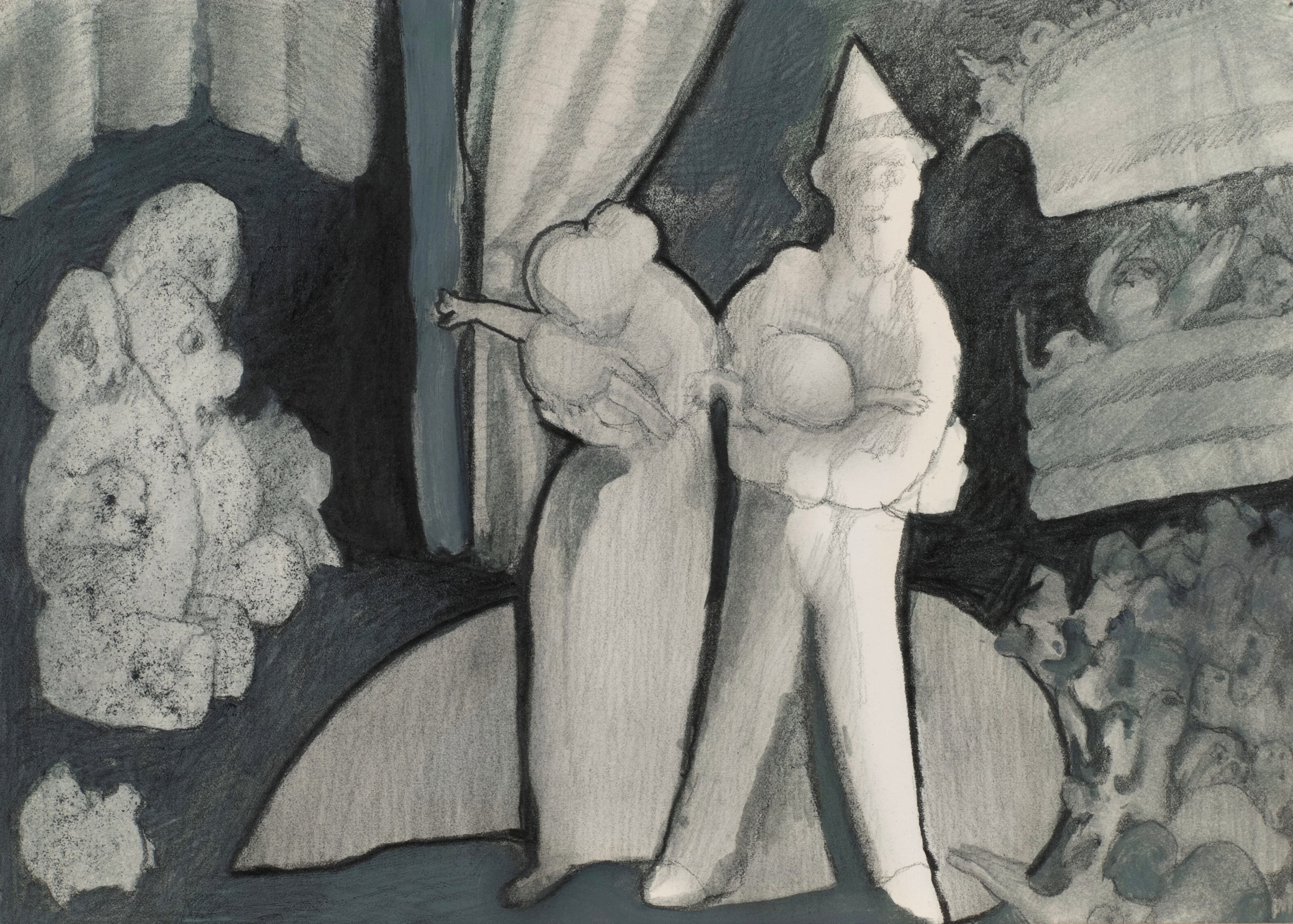 Art with the title "Couple Holding Children on Stage".