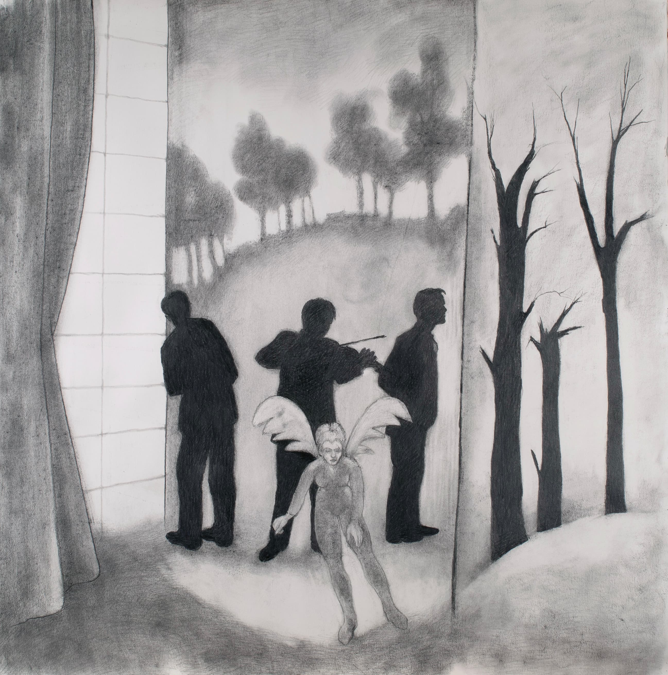 Art with the title "Three Men, Angel and Trees".