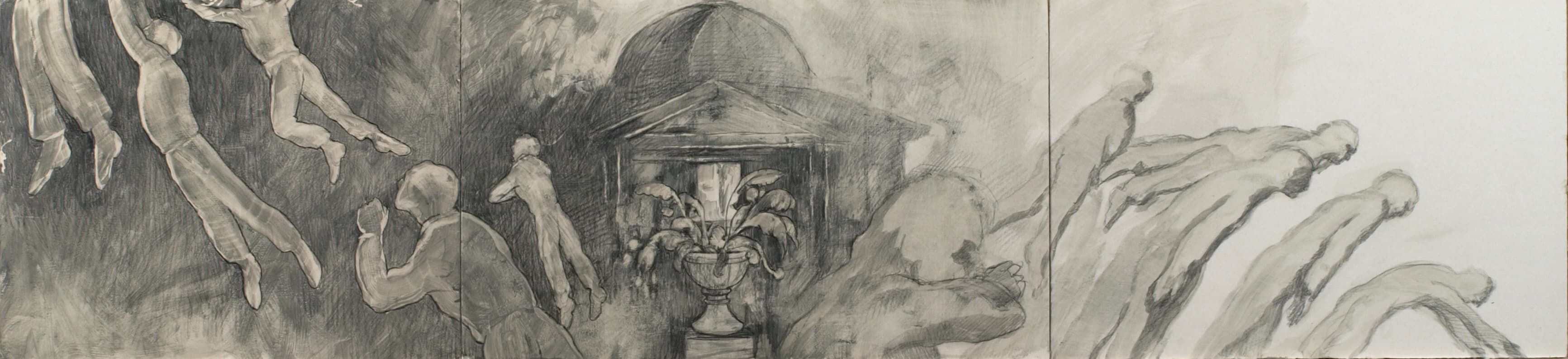 Art with the title "Men Falling Out Right and Left (three panels)".