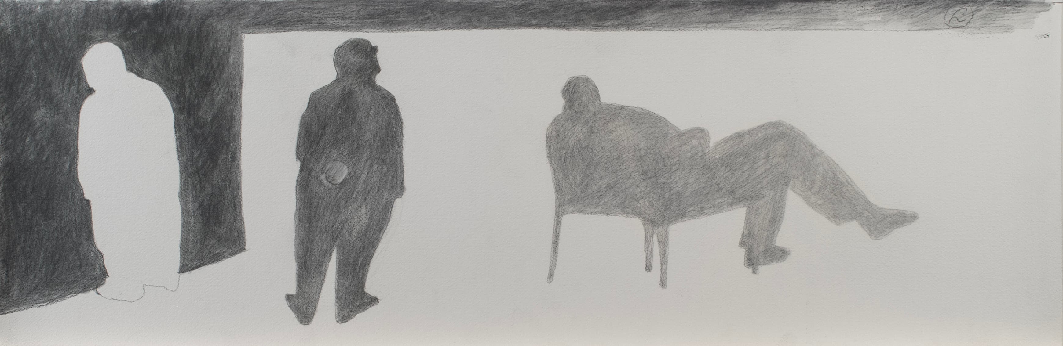 Art with the title "Three Silhouettes, One Seated".