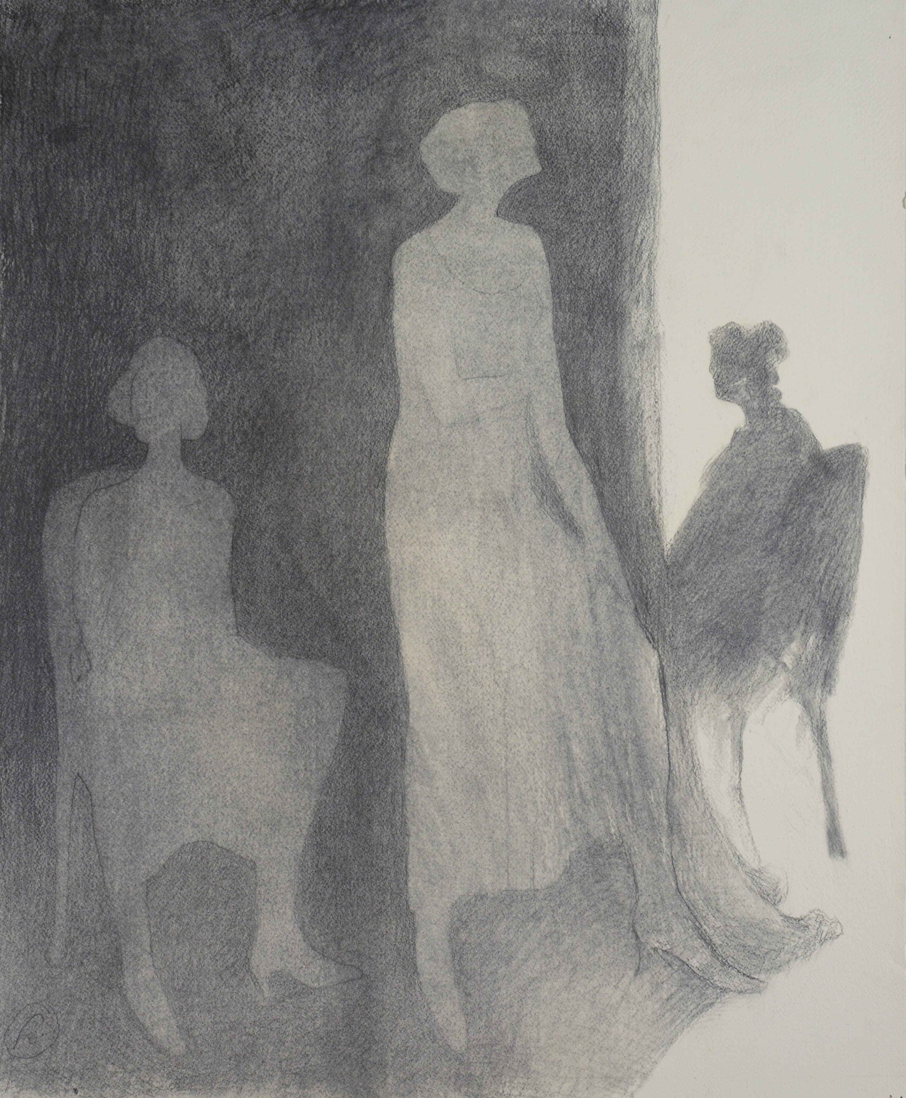 Art with the title "Silhouettes, Three Ladies, One Standing".